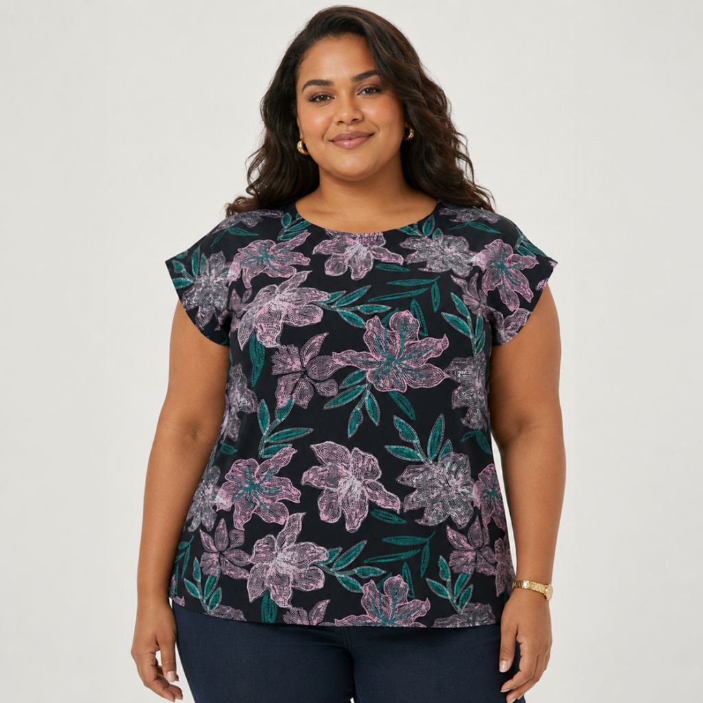 Blusa Feminina Plus Size Estampada Blusinha Manga Japonesa de Malha Estampas Diversas em Liganete