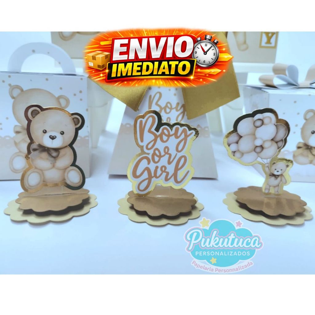 Aplique 3D Ursinho Chá Revelação | Tags Decorativas para Festa Chá de Bebê | Aplique para Caixinhas, Lembrancinhas