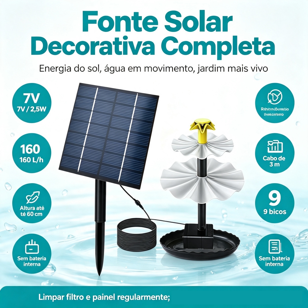 Fonte Solar de Jardim, Bomba Submersa Direta do Painel Solar, 9 Bicos de Jato, Sem Bateria Interna.