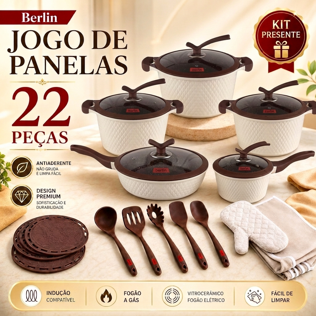 Imagem Jogo de Panelas Cerâmica Aluminio 22 Pecas Inducao Conjunto Revestido Antiaderente Premium Tampas Vidro Várias Cores