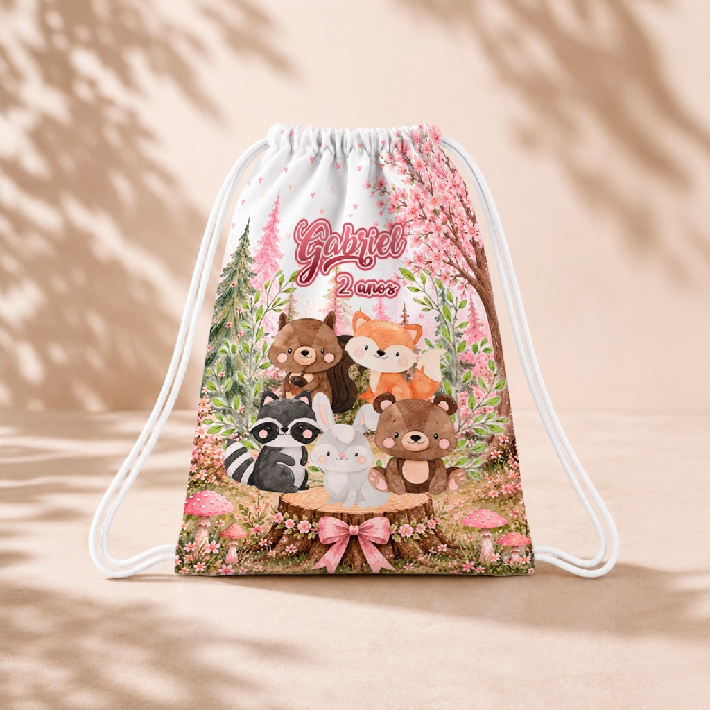 10 Mochila Personalizada 18x26 Sacolinhas Festa Aniversário Lembrancinha Animais do Bosque Menina
