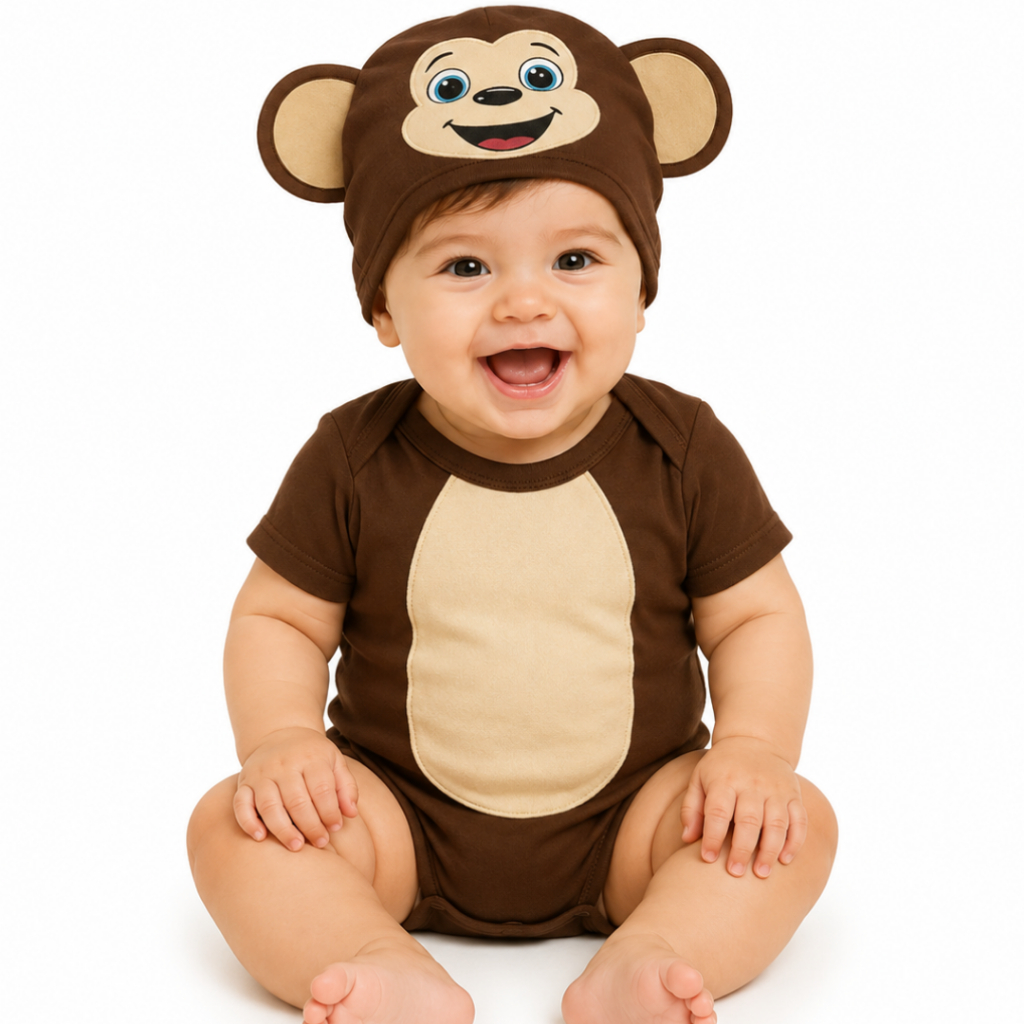Body Bebê Macaquinho + Touca Macaco – 100% Algodão, Manga Curta