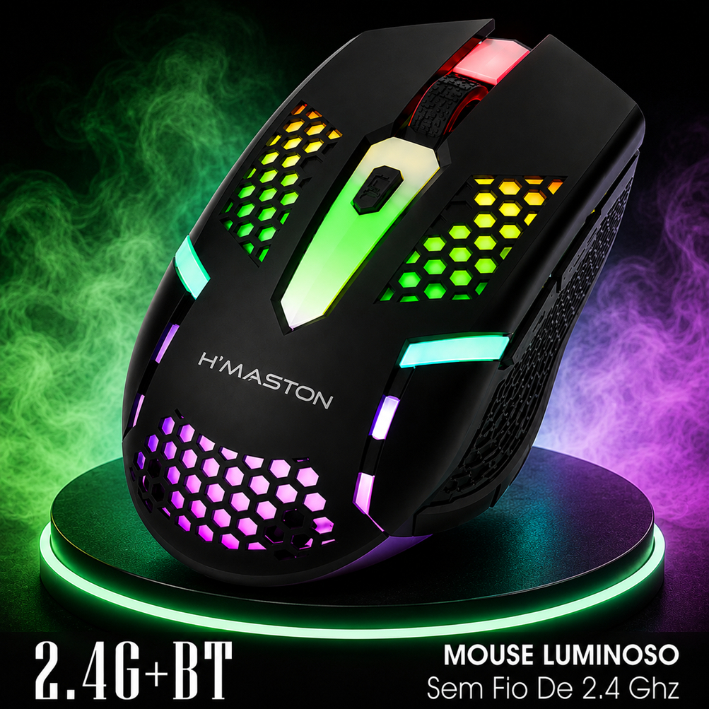 Mouse Gamer Sem Fio Bluetooth 2.4G RGB Recarregável Ergonômico para PC Notebook Silencioso Dual Mode H'Maston MS08