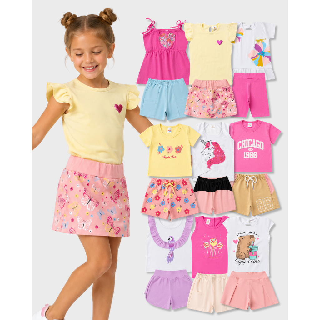 KIT 6 Peças 3 Conjuntos Verão Meninas Shorts Saia Blusas Praia Passeios Dia a Dia Estiloso Moda Infantil Bebê Feminino