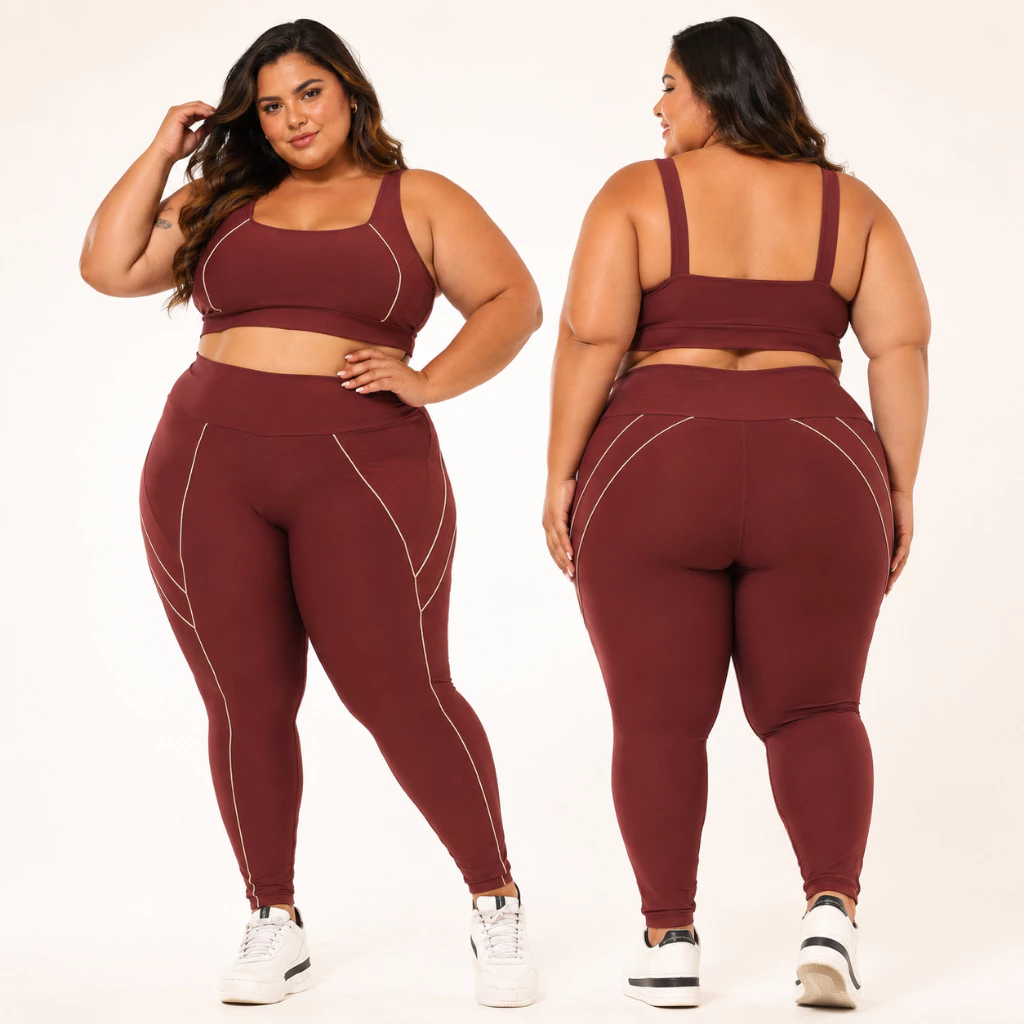 Conjunto Fitness Plus Size Feminino Top e Legging Cintura Alta Zero Transparência Suplex