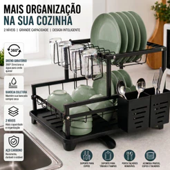 Escorredor de Pratos e Louças Rack Aço Carbono Preto com Bandeja Coletora de Água e Dreno Organizador de Pia Cozinha