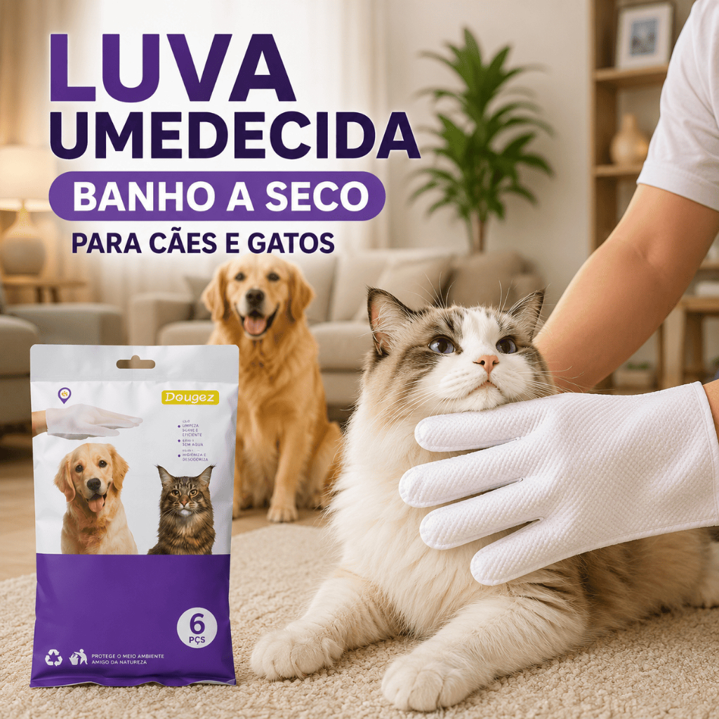 Luva Umedecida Pet Banho A Seco Higiene Limpeza Cachorro Gato 6 Unidades