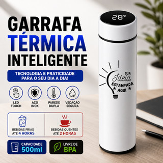 Garrafa Térmica Personalizada Inox 500ml com LED Touch Termômetro Digital e Infusor Branco
