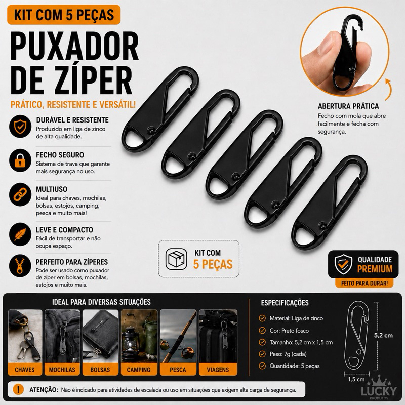 Kit 5 Puxadores de Zíper com Mosquetão Reposição para Mochila Bolsa Mala Preto