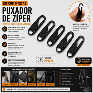 Kit 5 Puxadores de Zíper com Mosquetão Reposição para Mochila Bolsa Mala Preto