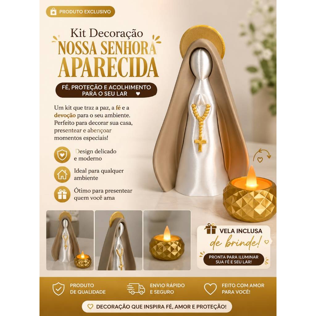 Nossa Senhora Aparecida em Impressão 3D kit - Porta Velas e Vela Led Brinde