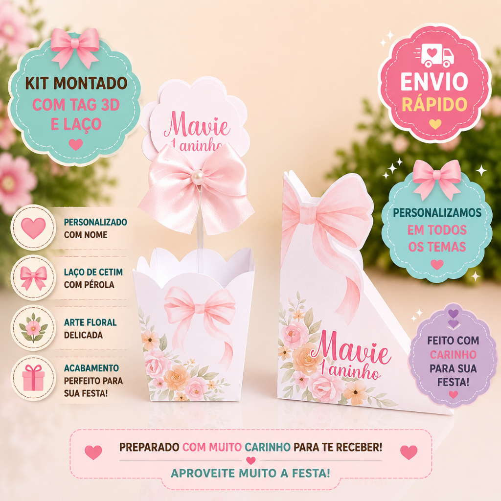 KIT CENTRO DE MESA, LAÇOS E ROSAS, CACHEPÔ,GUARDANAPO LEMBRANCINHAS, CAIXINHAS