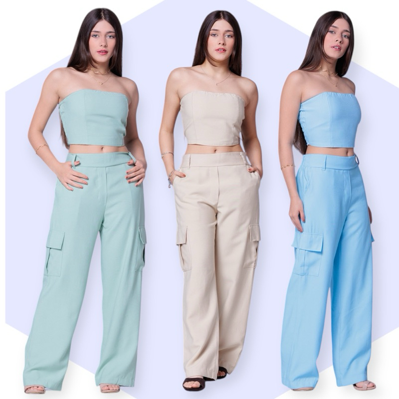 Conjunto Premium Juvenil Feminino Estiloso Calça Wide Leg Cargo com Elástico Cropped com Elatex nas Costas TAM 12/14/16