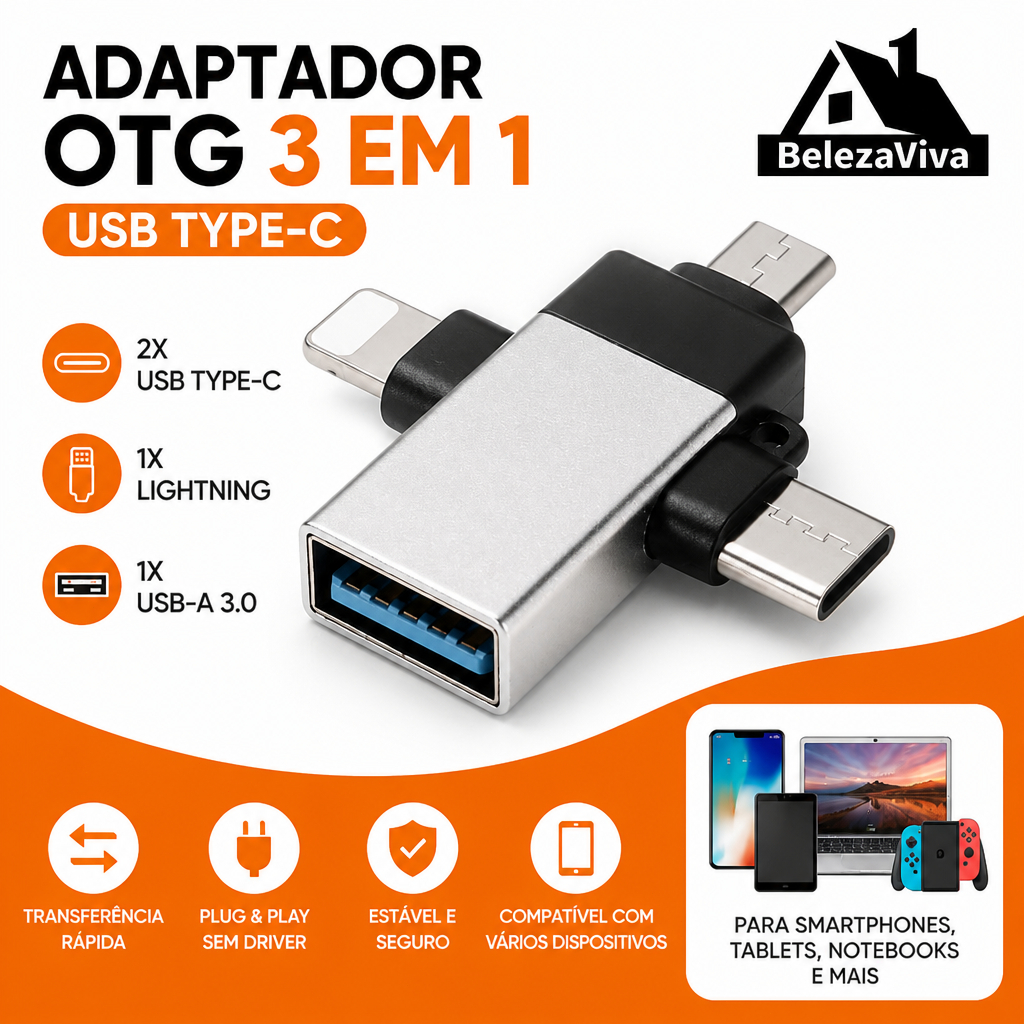 Adaptador OTG 3 em 1 USB Tipo C Para Android iPhone Conector Plug Play Smartphone Tablet