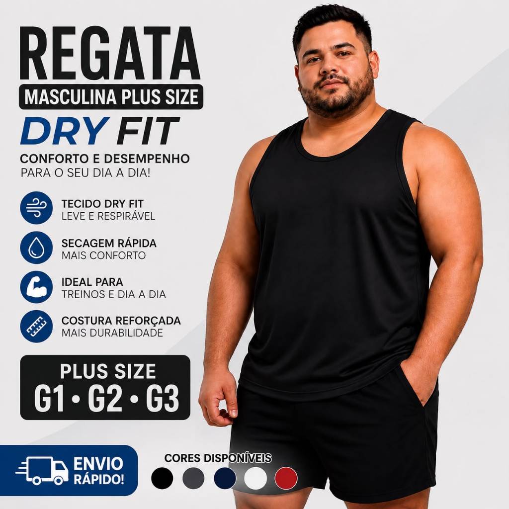 Regata Masculina Plus Size Dry Fit Lisa Academia Caminhada Treino G1 G2 G3