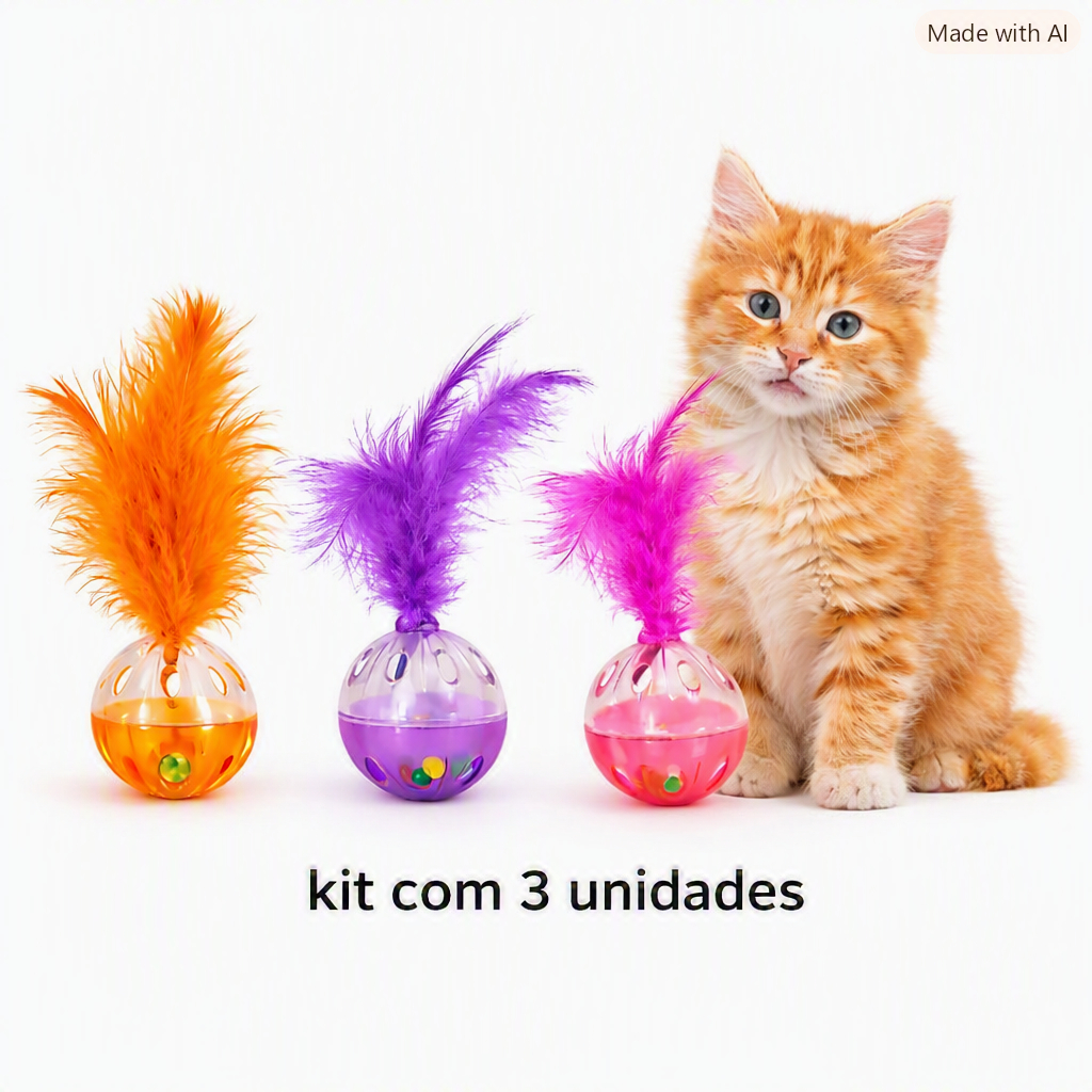 Kit 3 Bolinhas Interativas para Gato – Com Pena, Som e Cores Vibrantes – Estimula Instinto de Caça