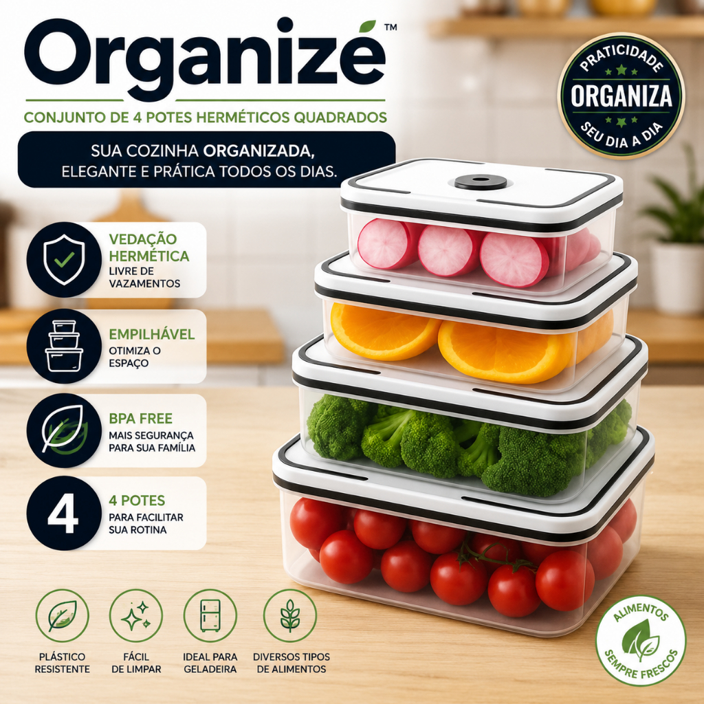 Kit 4 Potes Herméticos Quadrados para Mantimentos com Tampa Vedação Plástico Transparente Organizé