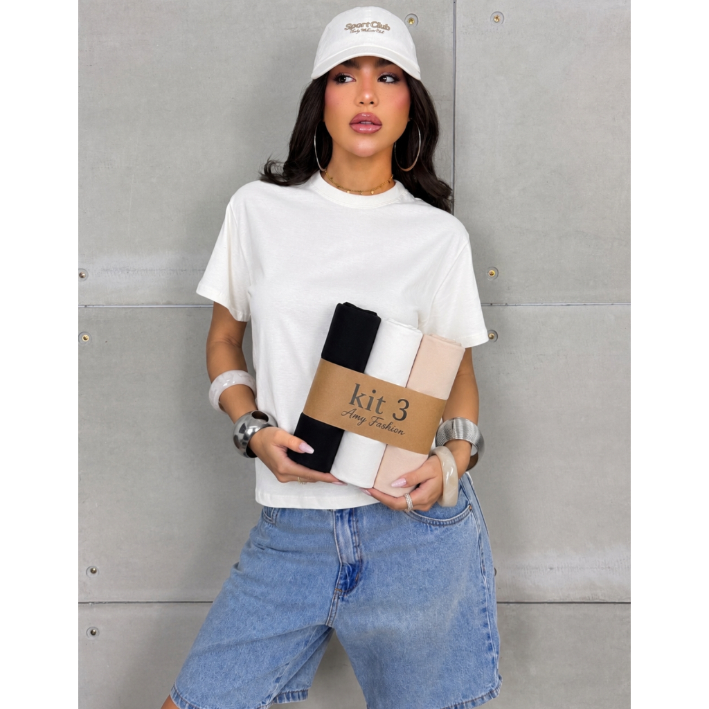 Kit 3 Blusa Feminina T-shirt Oversized Camiseta Overboxy Básica 100% Algodão Confortável Gola Ribana