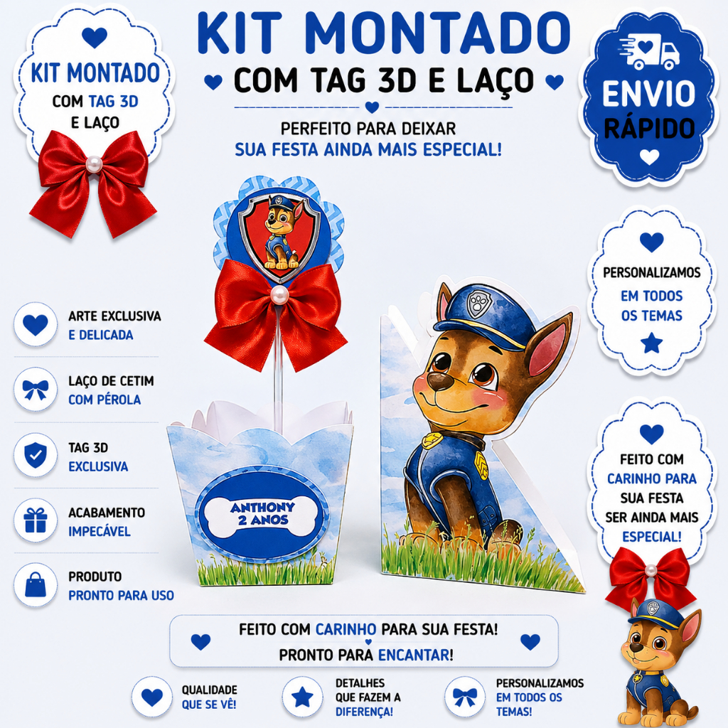 KIT CENTRO DE MESA PERSONALIZADO PATRULHA CANINA CACHEPÔ,GUARDANAPO AZUL MENINO, LEMBRANCINHAS