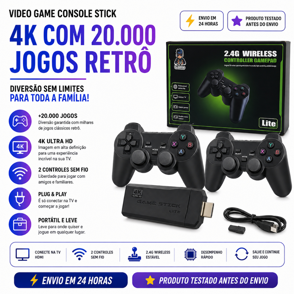 Video game Console Stick 4K Com 20000 Jogos 2 Controles Sem Fio Console Portatil Jogos Retro Video Game