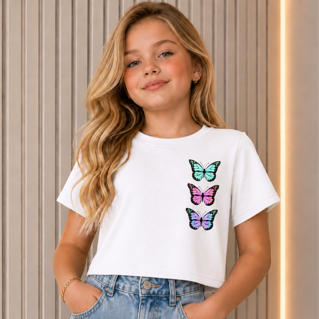 Cropped Infantil Juvenil Estiloso De Borboletas Blusa Moderna Meninas Estilosas