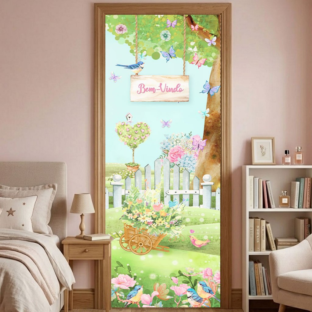 Capa de Porta Quarto Infantil Jardim Encantado Bem-Vindo Em Tecido Sublimado 0,8