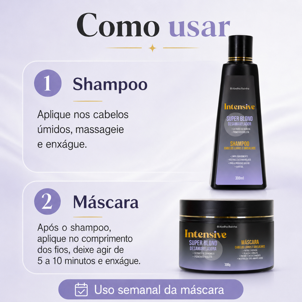 KIT Shampoo e Máscara Desamareladora Cabelos Loiros ou Grisalhos Intensive - Abelha Rainha