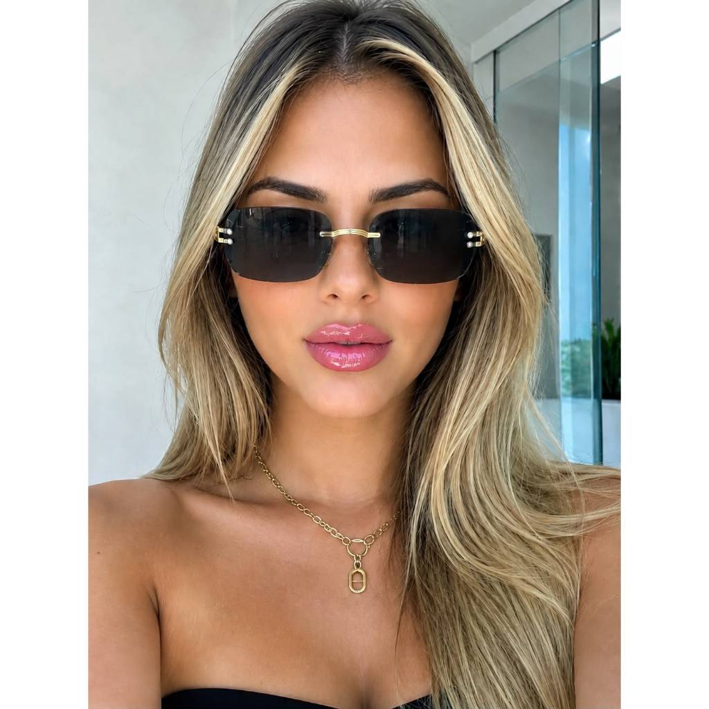 Óculos de Sol Feminino Linha Prime – Retangular Sem Aro com Lente Degradê