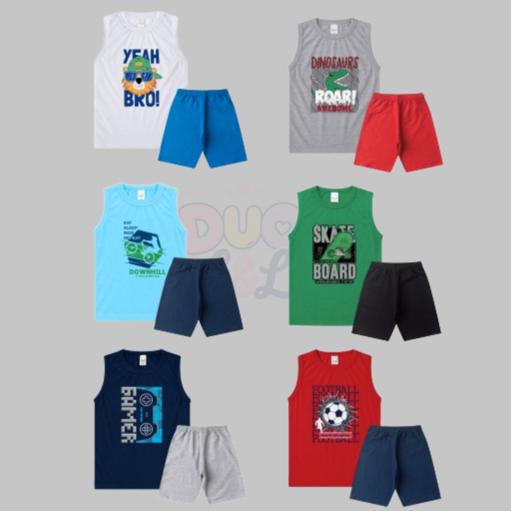 Kit 3 Conjuntos Juvenil Masculino Regata Estampada + Bermuda Moletinho Confortável 10 ao 16
