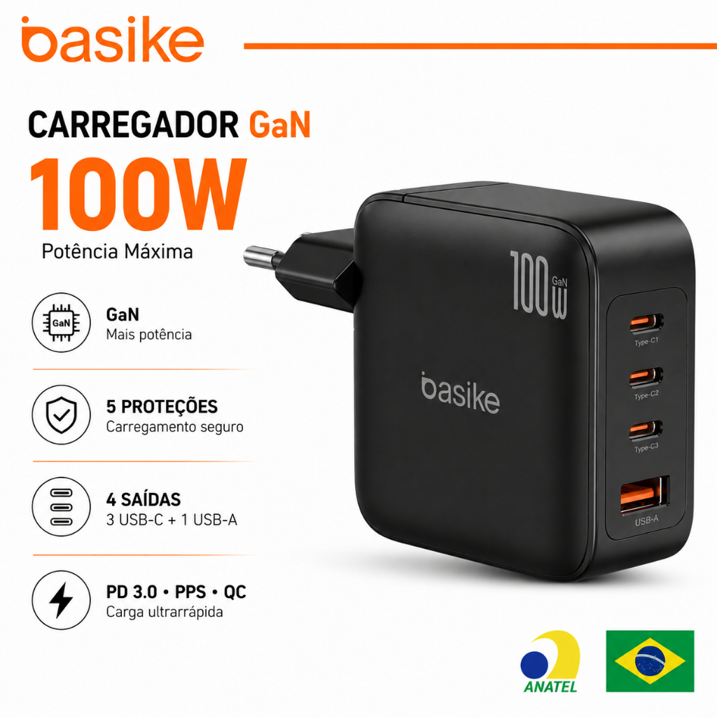 Basike Carregador Turbo GaN 100W 4 Portas 3 USB-C USB-A PD PPS QC Carregador Ráp