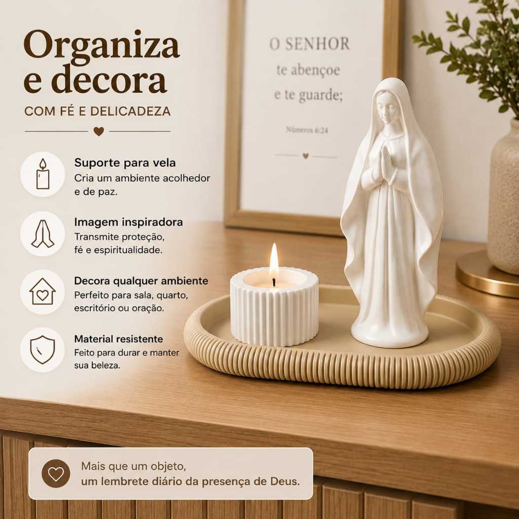 Kit Decorativo Nossa Senhora com Bandeja e Porta Vela | Cantinho de Oração | Decoração Religiosa Católica