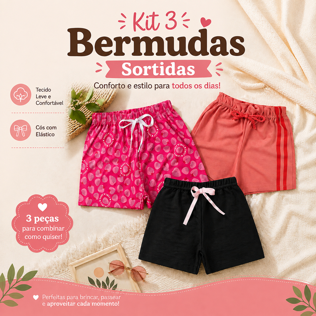 Kit 3 Shorts Infantil Menina Sortido Confortável Cós com Elástico Roupa Infantil Feminina 1 ao 12