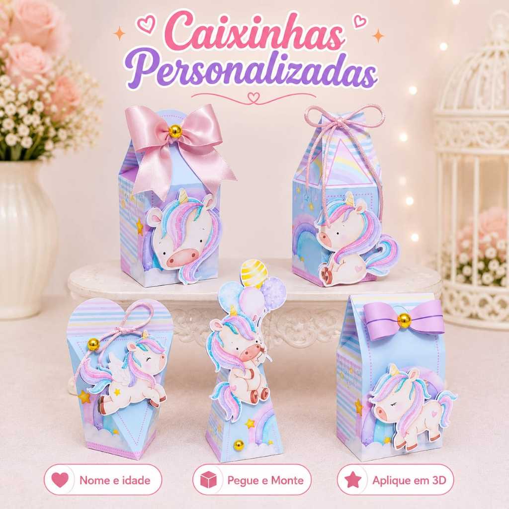 Kit Festa Caixinhas Personalizadas Unicórnio com Nome  Idade - Lembrancinha Infantil Aniversário com Aplique