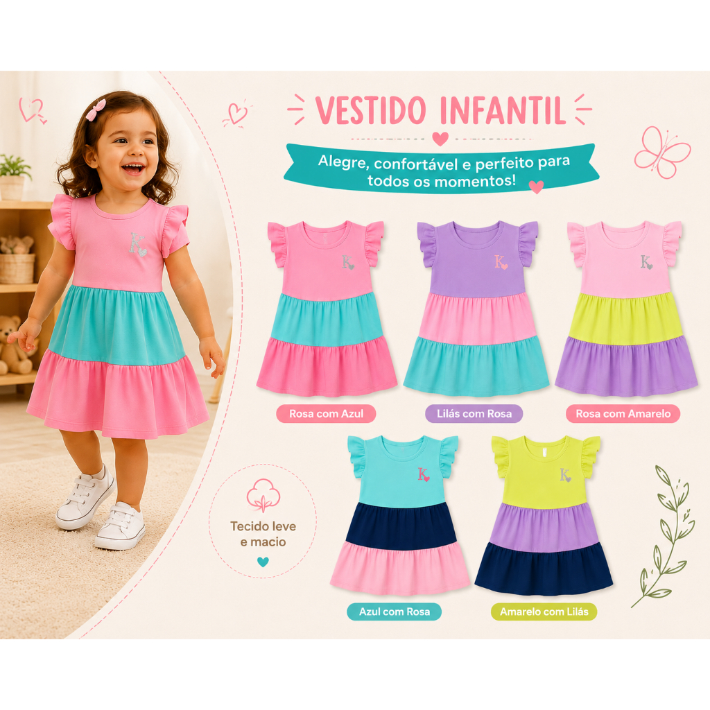 Kit com 2 Vestidos TRÊS MARIAS para meninas infantil e juvenil em cotton - Sortido - Tamanhos 1 ao 16