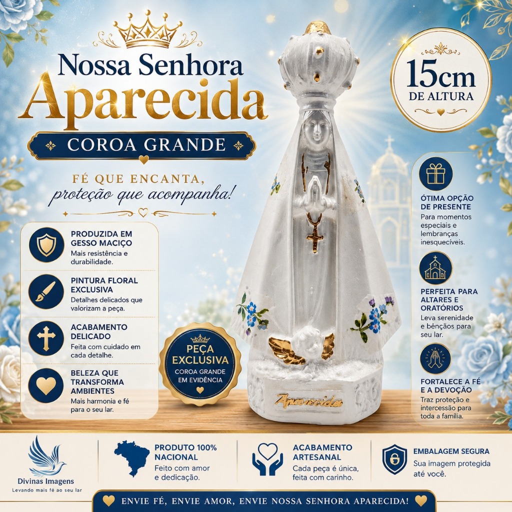 Nossa Senhora Aparecida 15cm Decopagem Gesso Artesanal para Decoração Religiosa