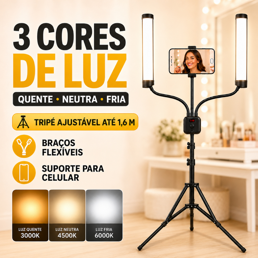 Anel de Luz com Tripé de Chão e 2 Braços, 45W Bicolor (3000K-5600K) com Controle Remoto e Suporte para Celular