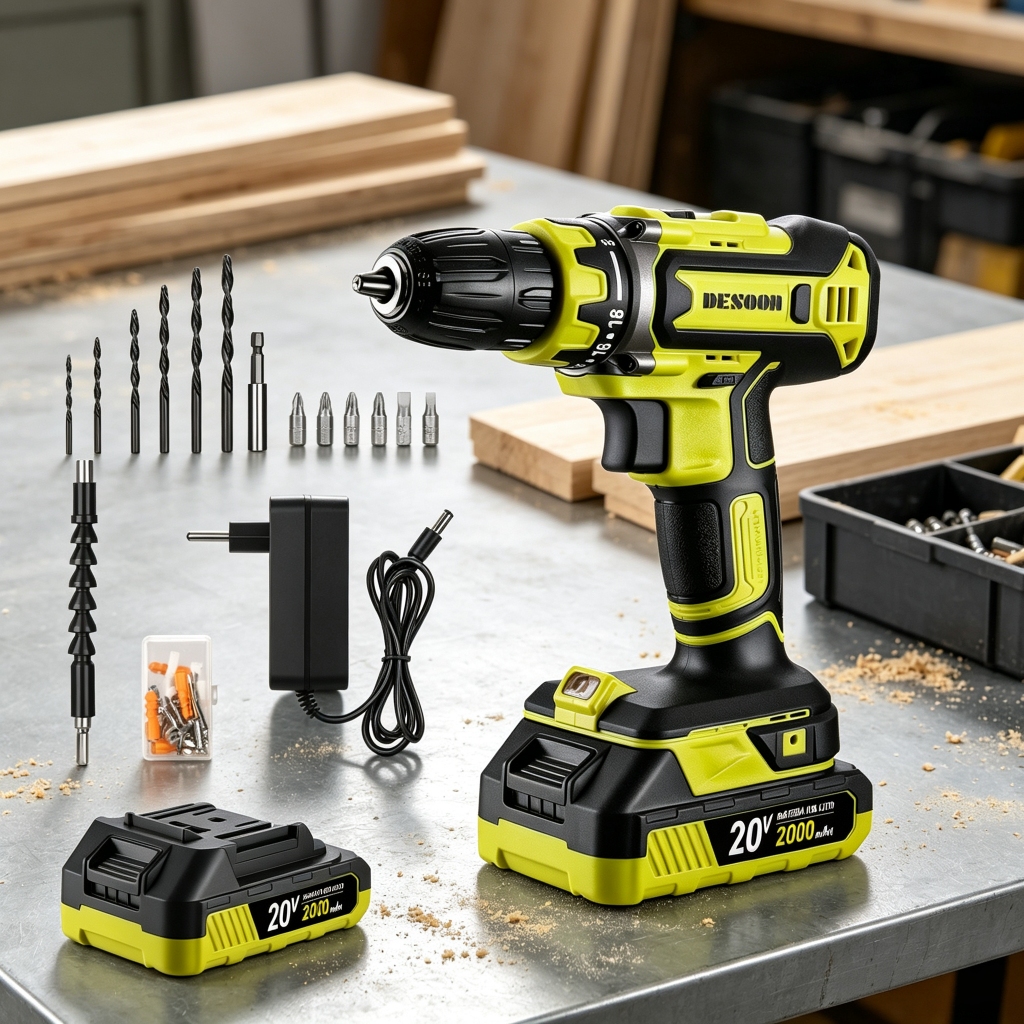 Furadeira e Parafusadeira de Impacto Profissional Sem Fio 20V Com 2 Baterias e Maleta Desoon Kit Acessórios Bivolt