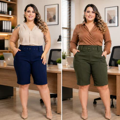 Kit2 Bermudas Plus Size Shorts Social Feminino Plus Size Bengalin com Cinto Lycra Veste 42 a 52