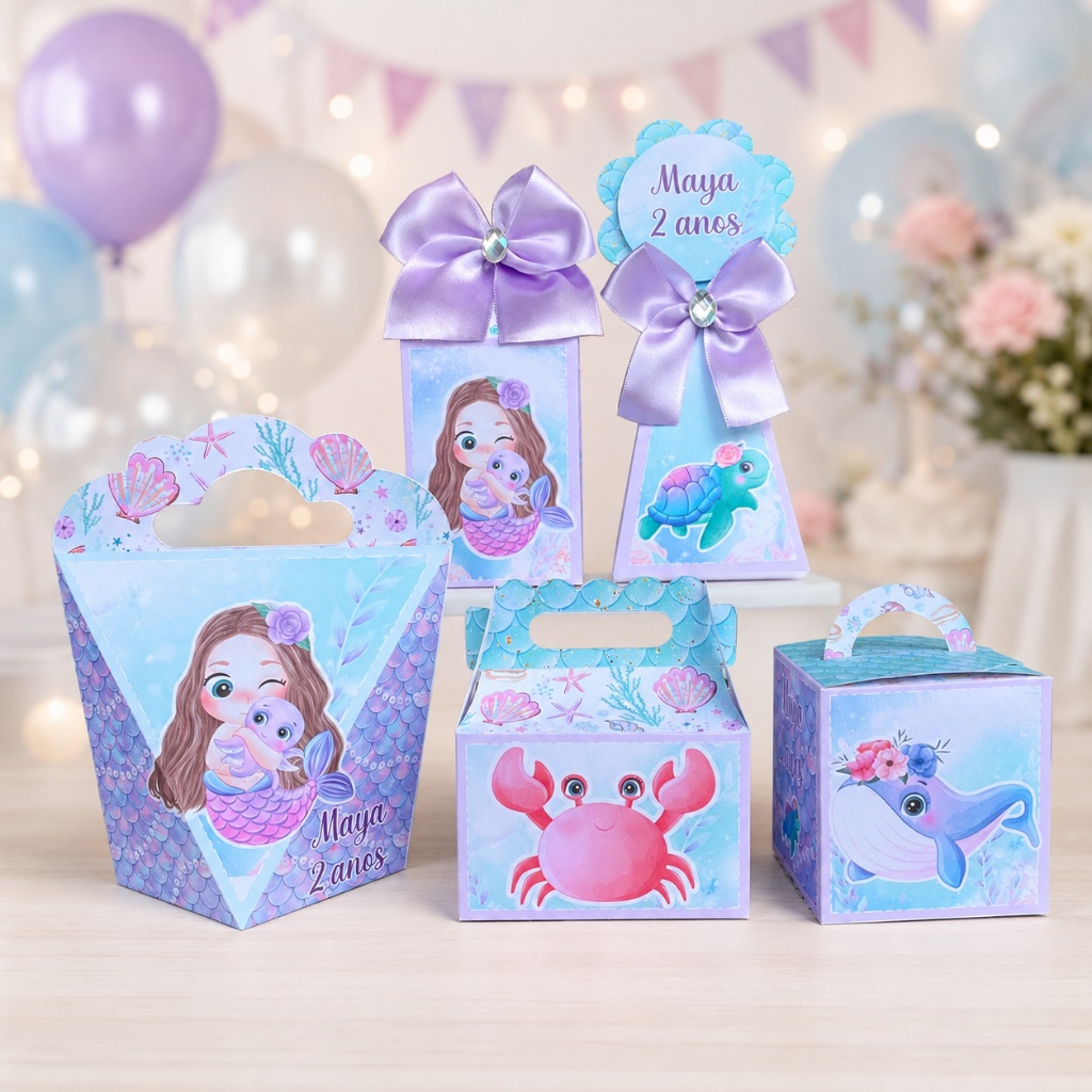 Kit Festa Sereia Caixinhas Pegue e Monte  Lembrancinha Infantil Personalizada Papelaria