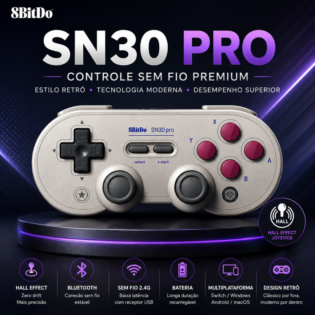 Controle Gamepad 8BitDo SN30 Pro Bluetooth Hall Effect para Nintendo Switch PC Android macOS Raspberry Pi Sem Fio