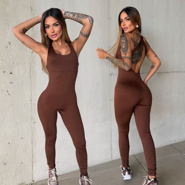 Macacão Longo Feminino Fitness Suplex Modelador Academia Treino Compressão Slim Moda Blogueira