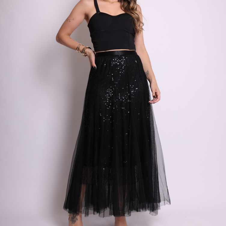 saia tule de moda feminina comprida longa com brinho