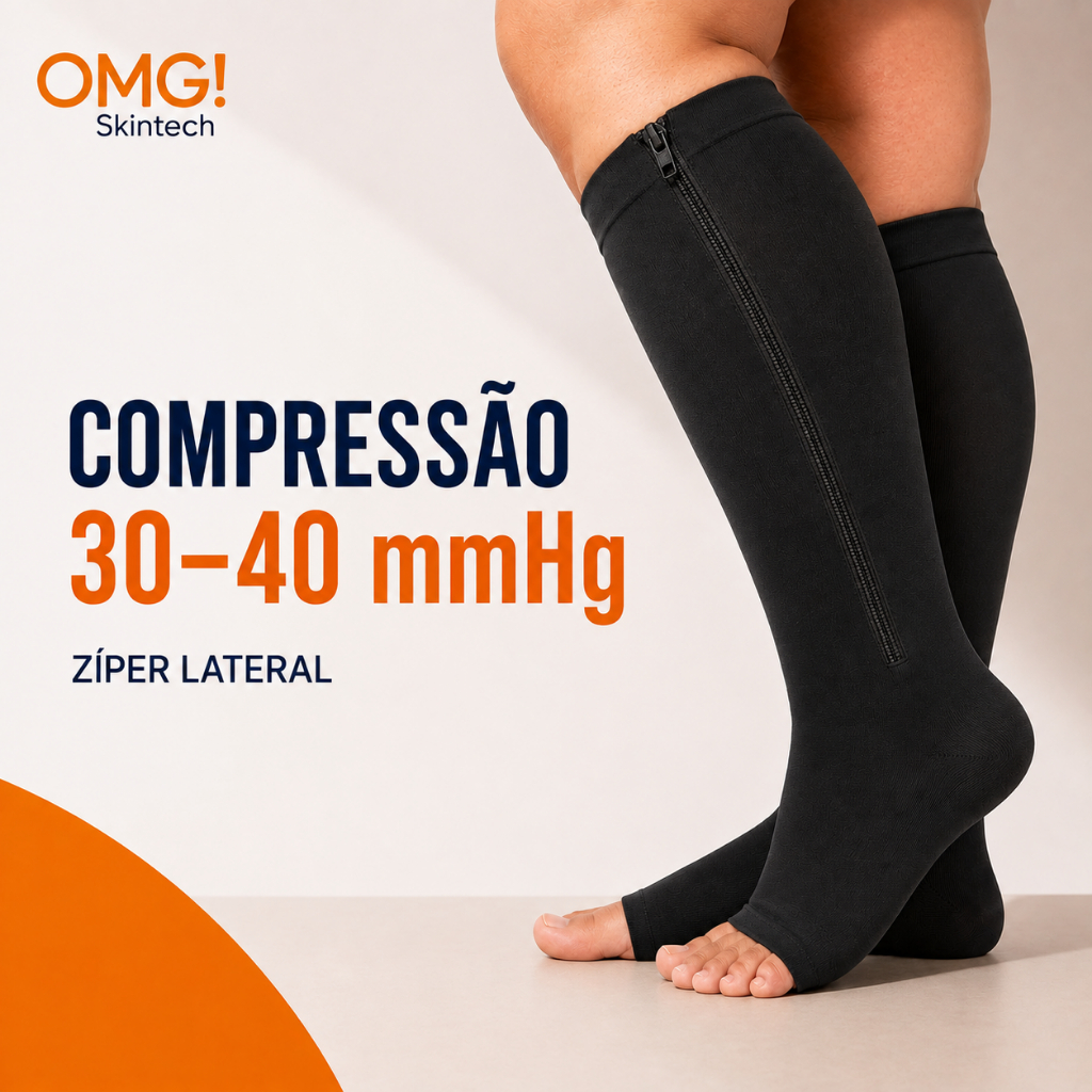 Meia Compressão PRETA 30-40mmHg 3/4 Zíper Lateral Unissex Pernas Cansadas Prime Confort - ANTITROMBO