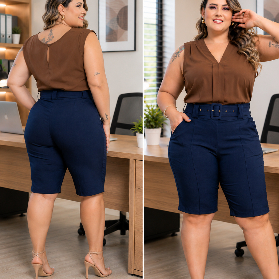 Bermuda Shorts Feminino  Plus seze Bengaline Cintura Alta Com Cinto Modeladora Social Premium Confortável Com Elastano