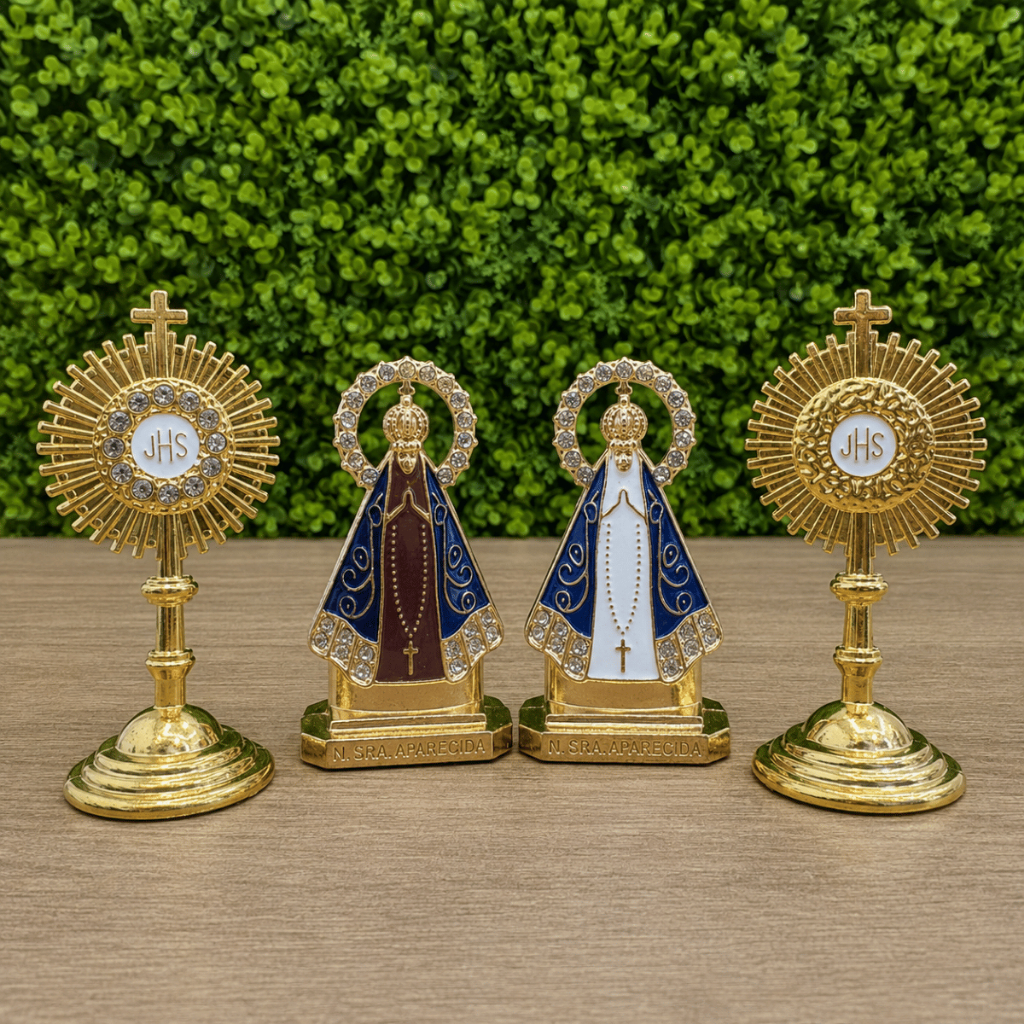 Kit imagem Nossa Senhora Aparecida Dupla face + Ostensório de mesa JHS Eucaristia