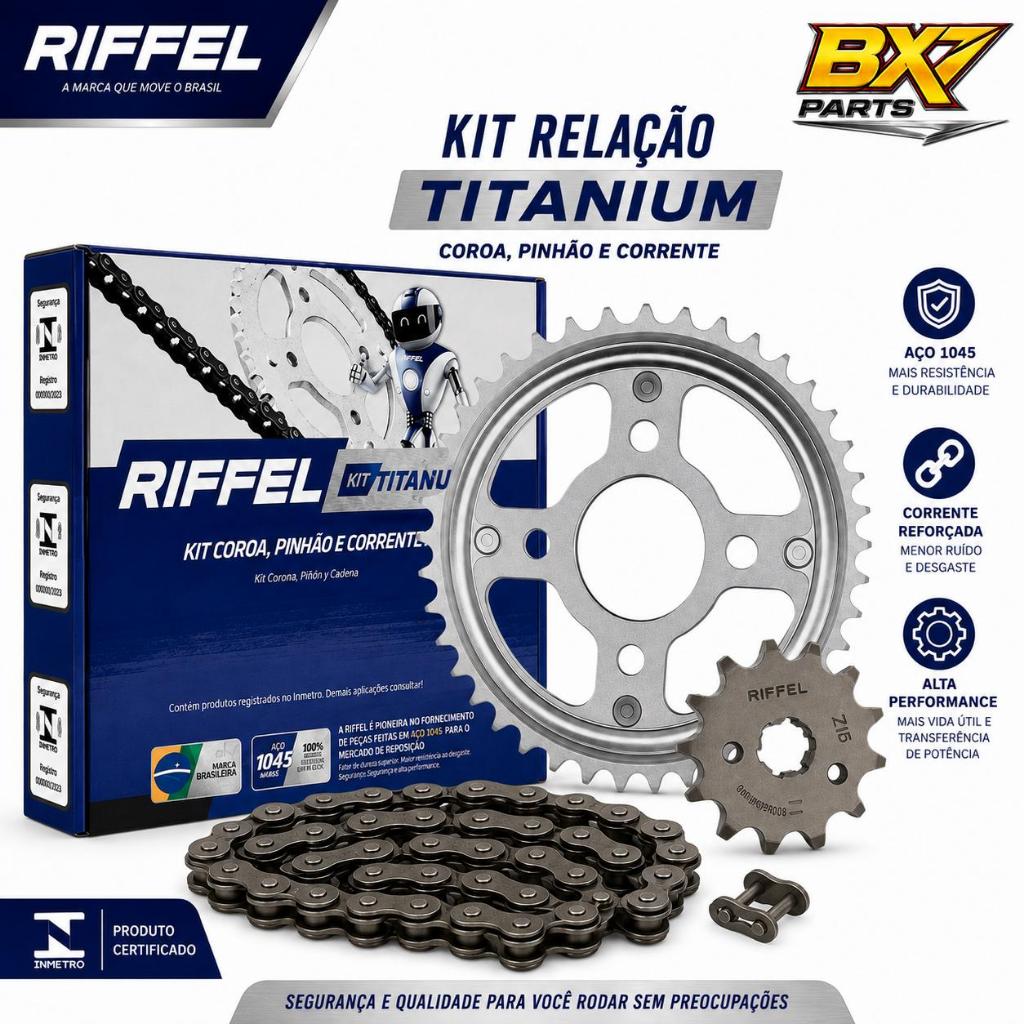 Kit Relação Transmissão Tração Honda Titan Fan Start 160 Riffel Aço 1045 Promoção — imagem 2 de 2
