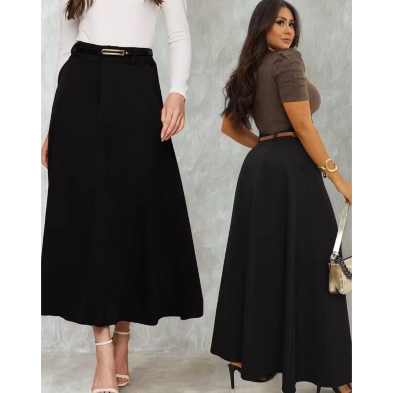 SAIA RODADA LONGA FEMININA ALFAIATARIA MODA EVANGÉLICA CASUAL BÁSICA INVERNO CINTURA ALTA ELEGANTE TENDÊNCIA