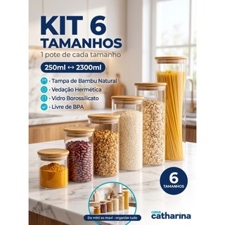 Kit Completo 6 Pote de Vidro Hermetico Tampa Madeira Bambu Organizador de Cozinha