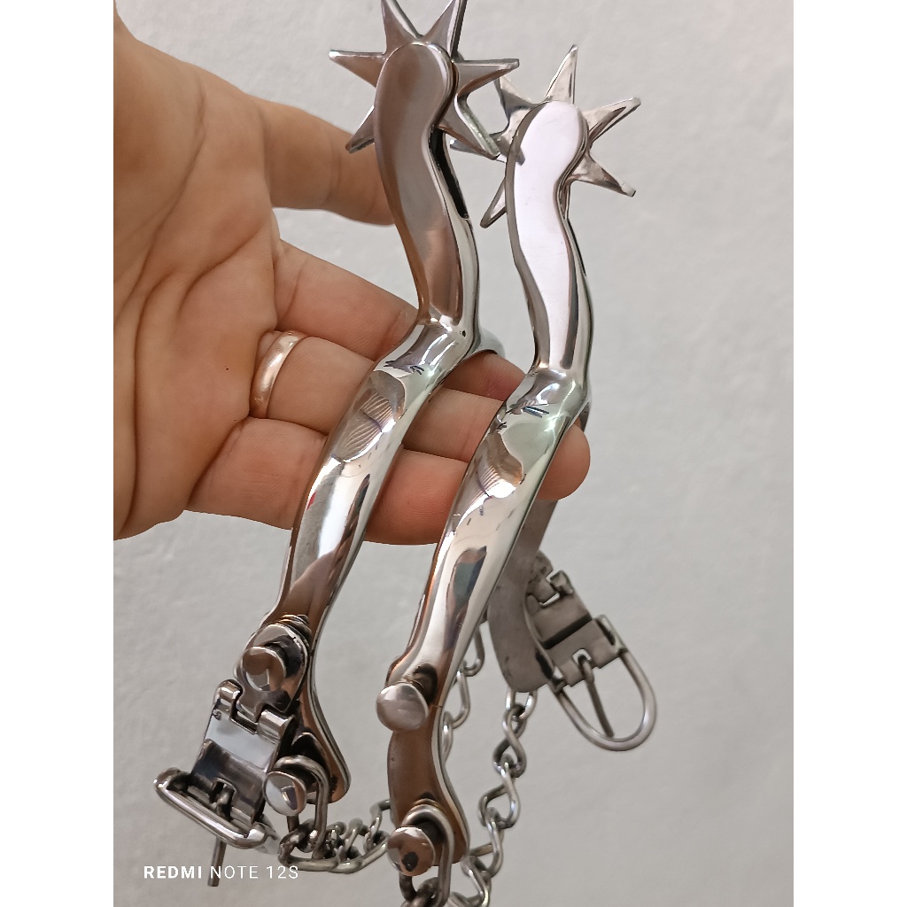 espora cavalo inox cão longo 7 d. vaquejada padrão abvaq abqm + correias