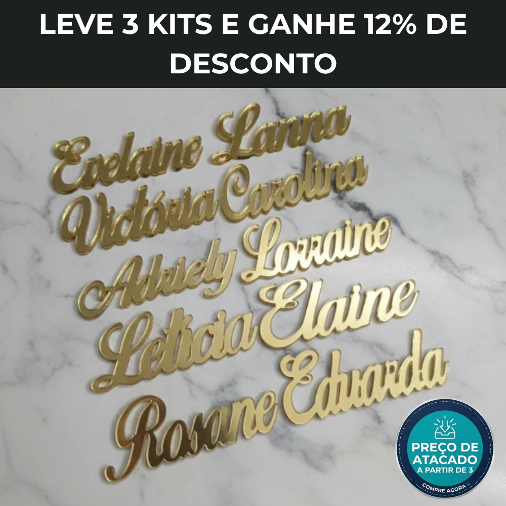 Kit 5 Nomes / apliques  Personalizados em Acrílico Dourado Espelhado 5x2cm laços, lembrancinhas (LEIAM A DESCRIÇÃO)
